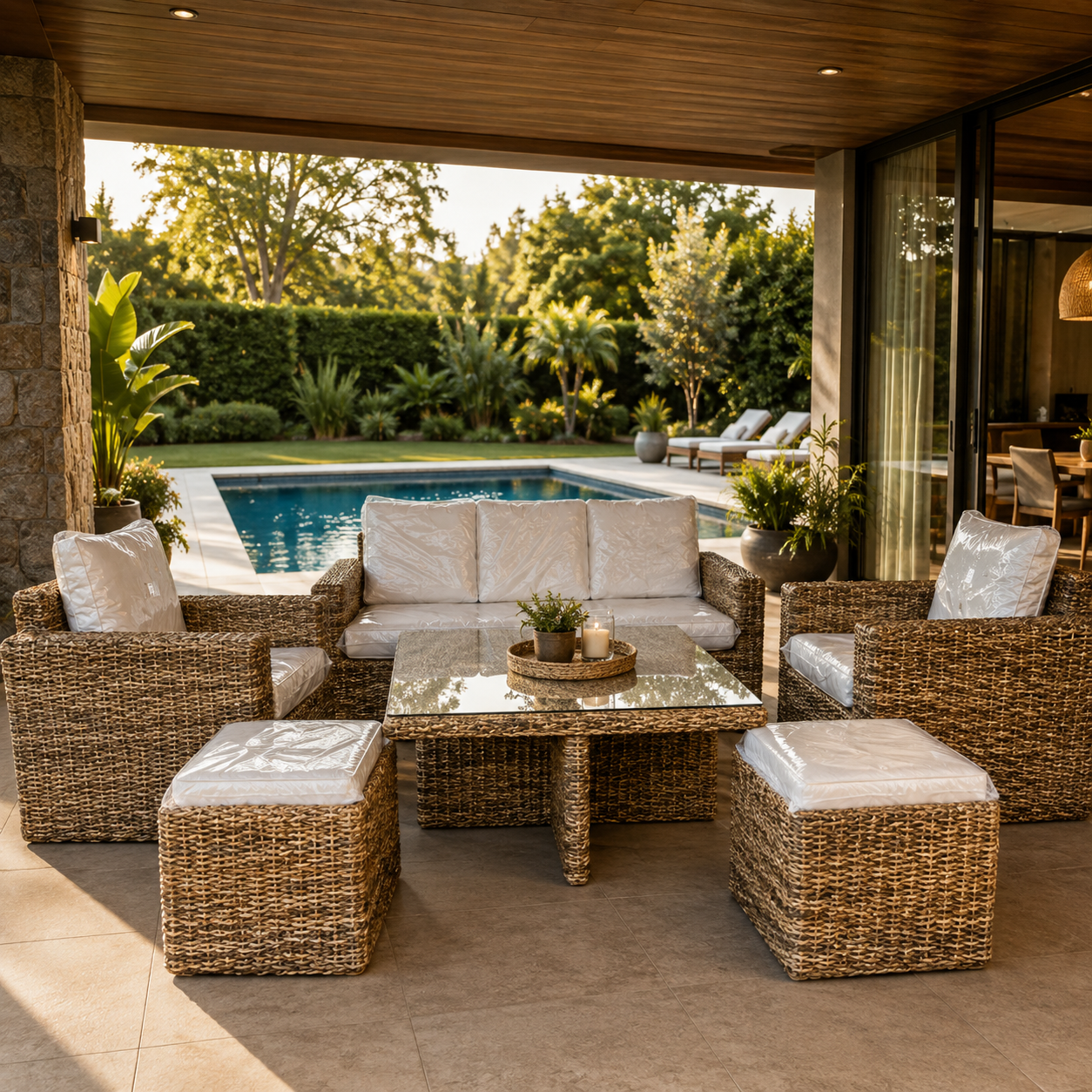 Juego de Terraza Kuta Rattan Natural Hoja de Plátano 3 Cuerpos