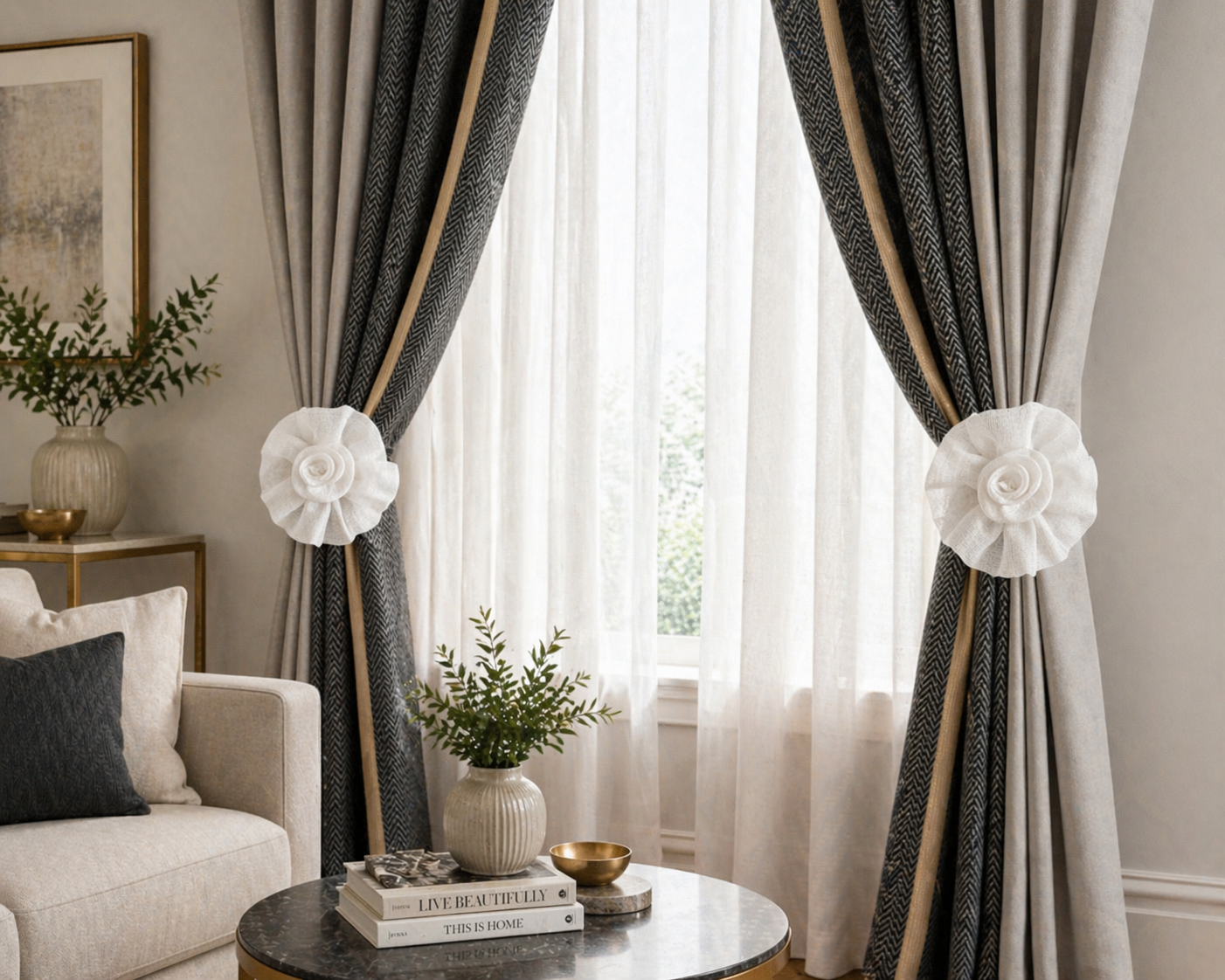 Pack 2 Amarras de Cortinas Flor de Lino Blanco