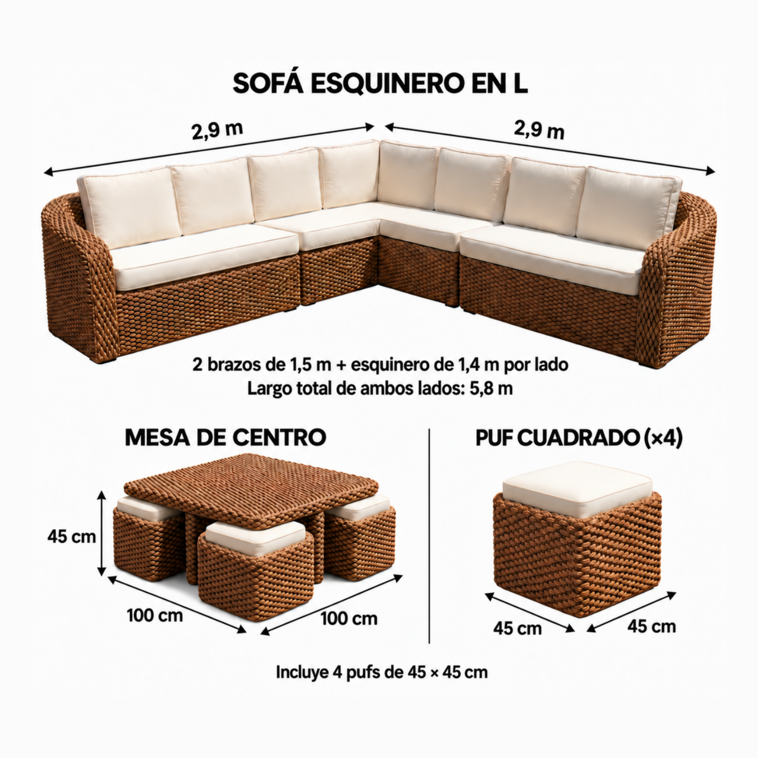 Juego de Terraza Rattan Natural Bandung 2,9 mts