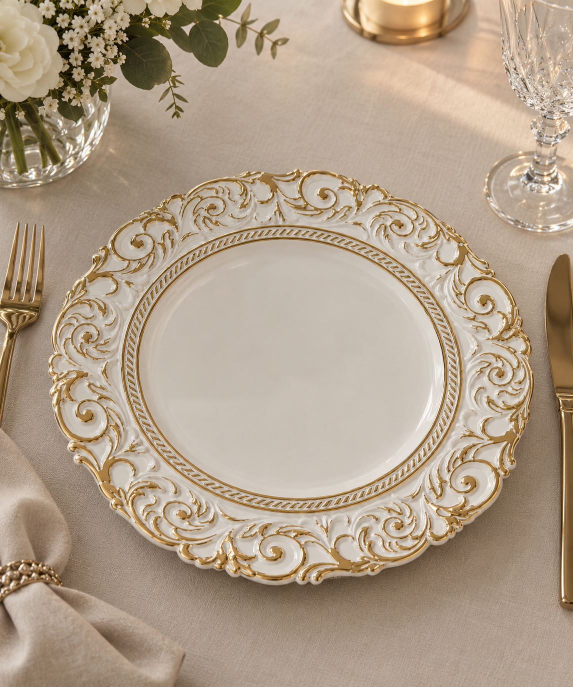 Set de 6 platos base griegos blanco con dorado