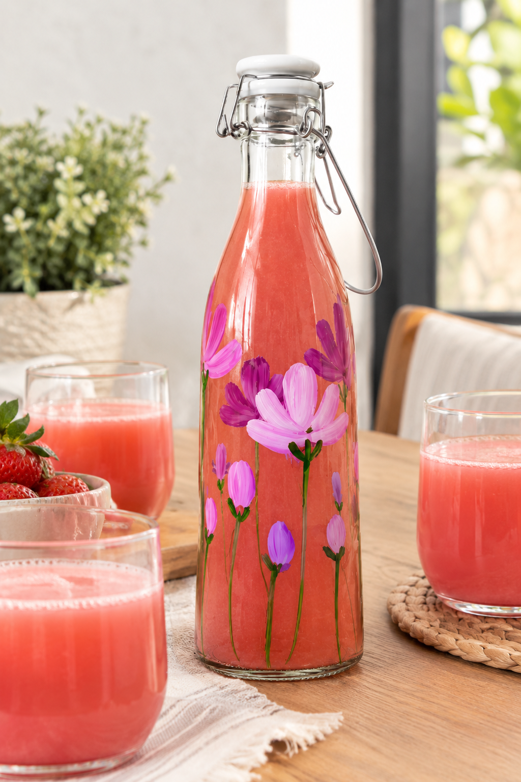 Botella decorativa flor morada