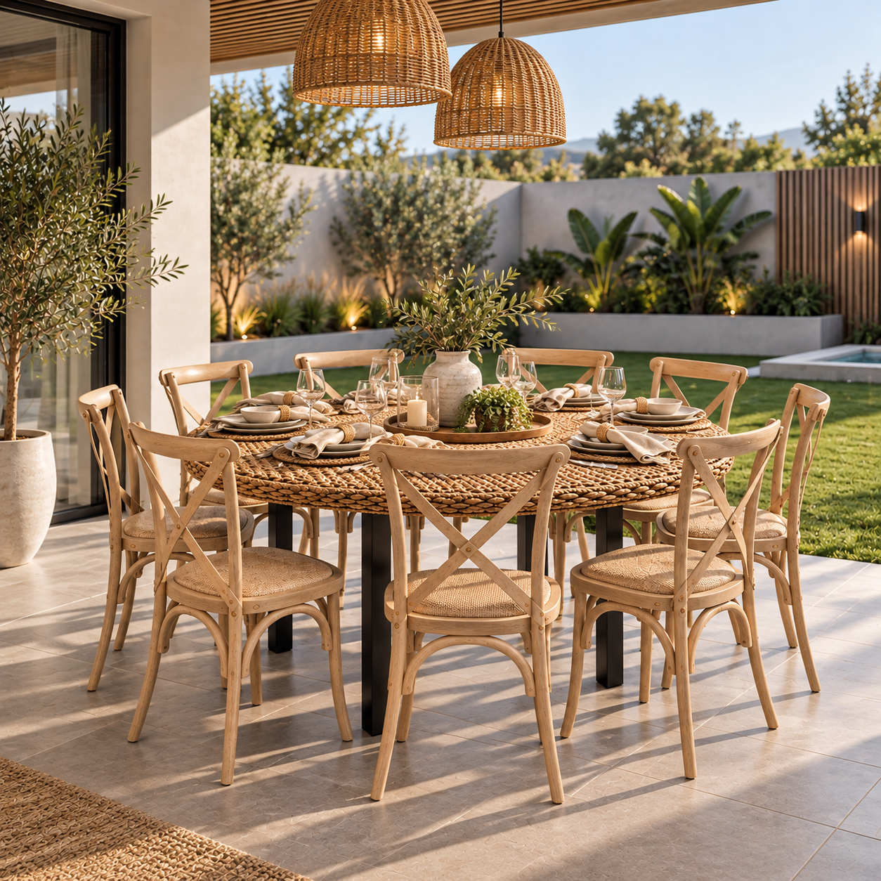 Mesa de Comedor Redondo 8 Personas Rattan Natural