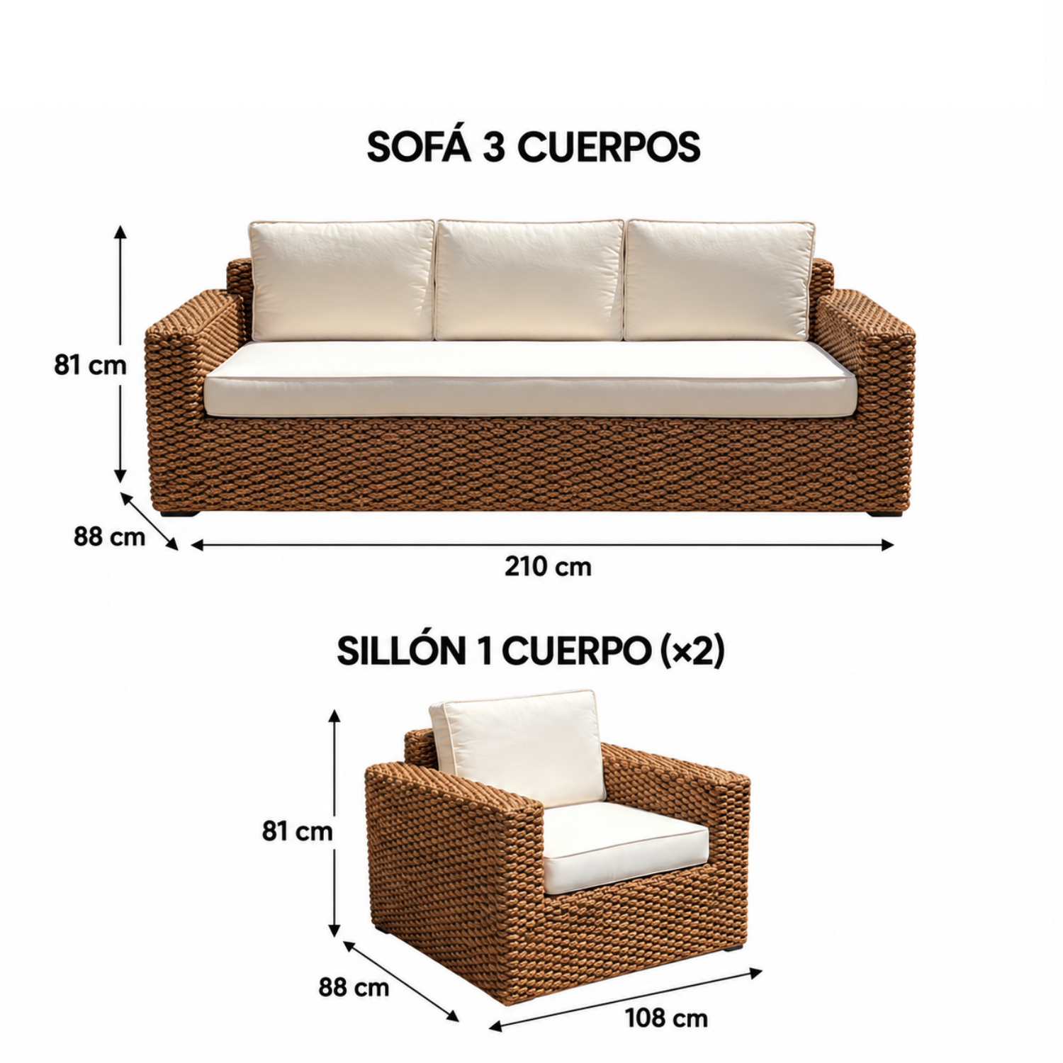Juego de Terraza Kuta Rattan Natural Jacinto 3 Cuerpos