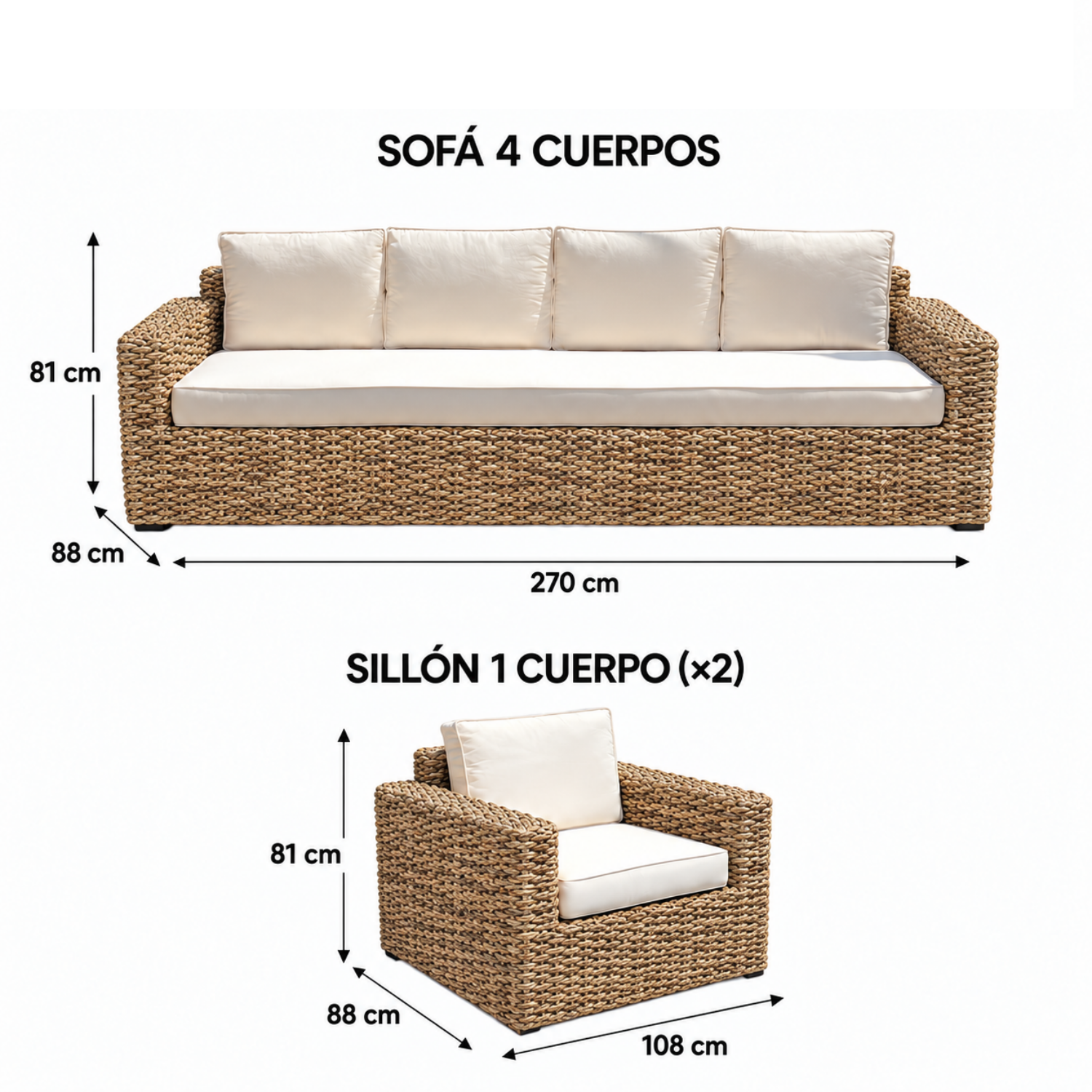 Juego de Terraza Kuta 4 Cuerpos Rattan Natural Banana