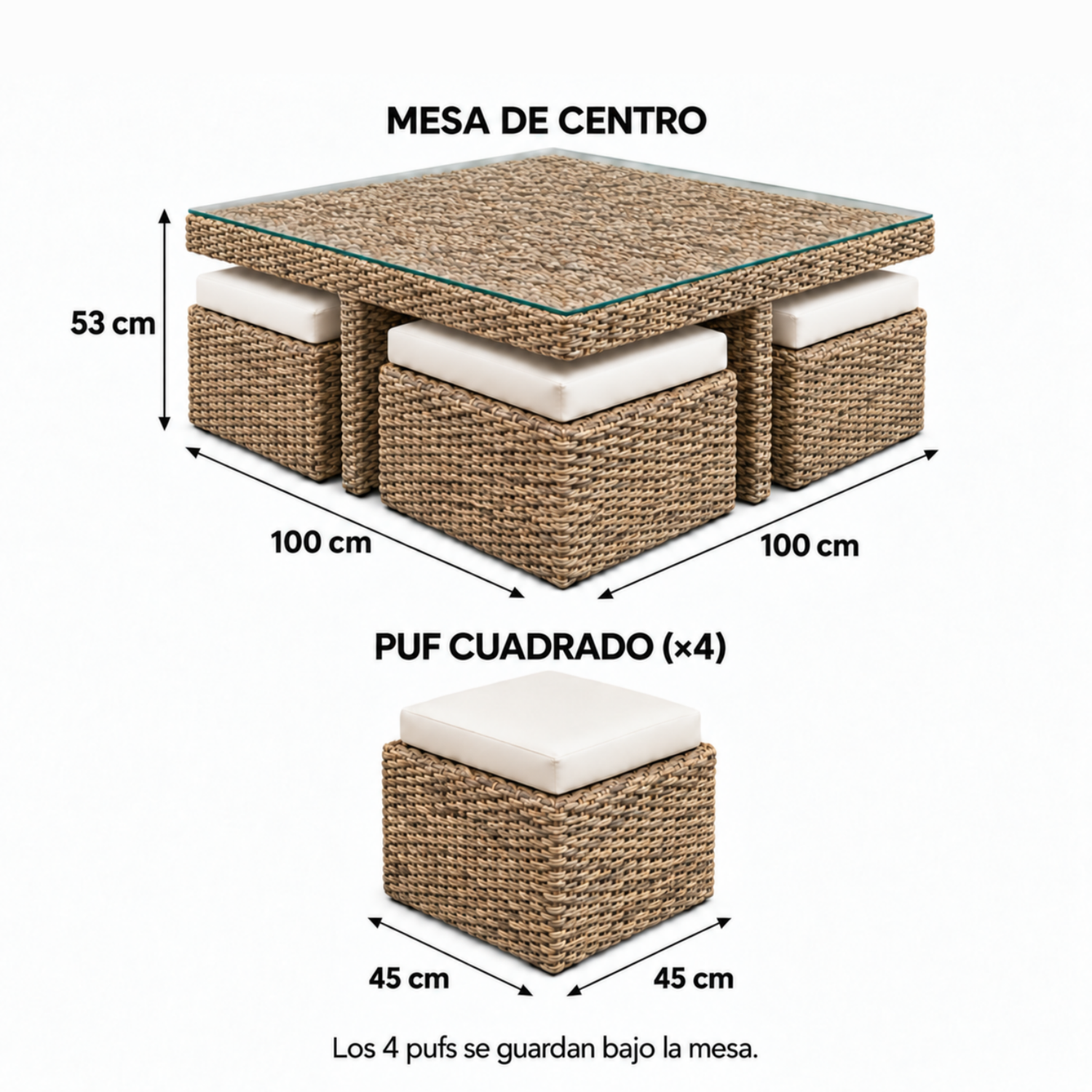 Mesa de Centro Kuta Rattan Natural y Banana 4 pufs