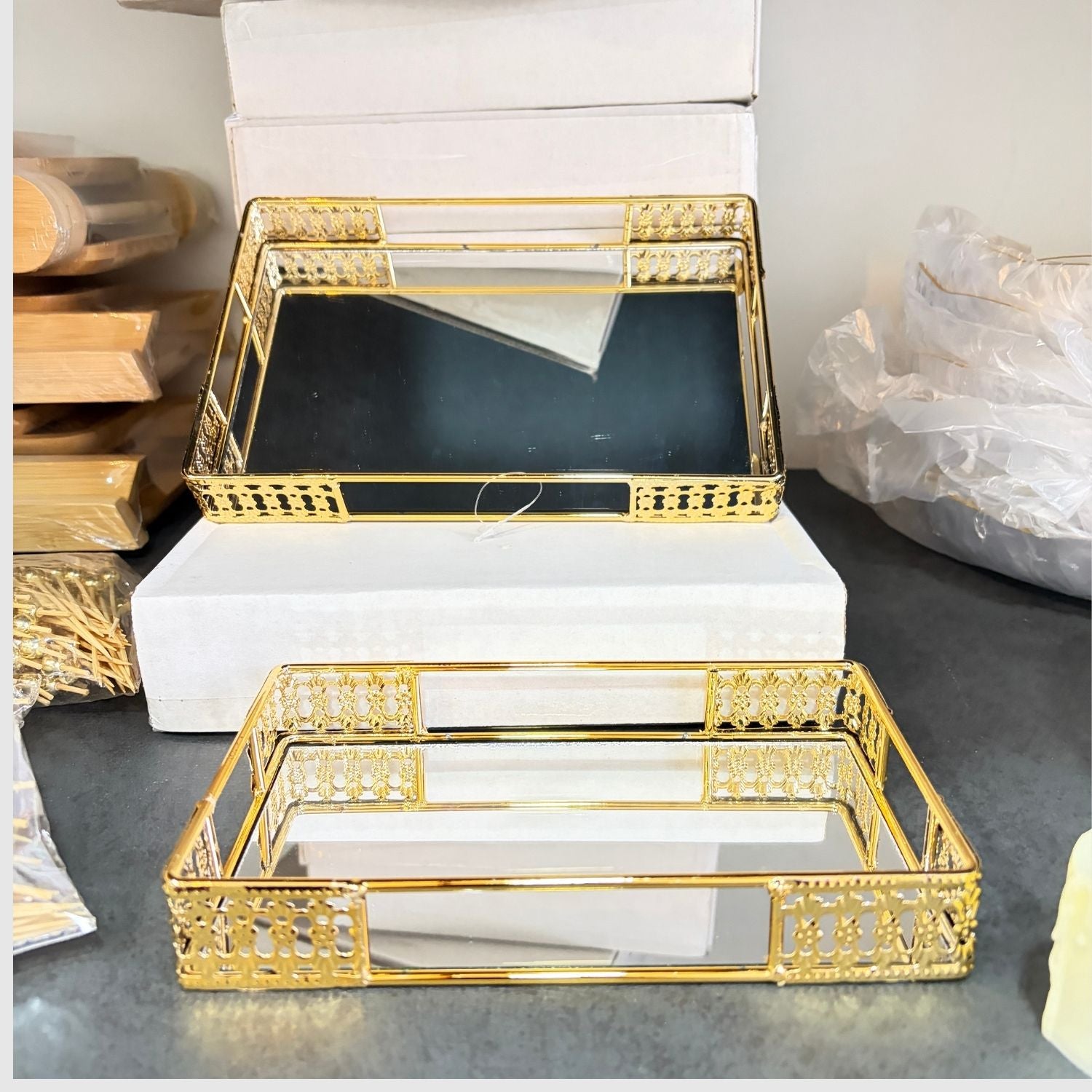 Set Bandeja Rectangular Dorado Metal