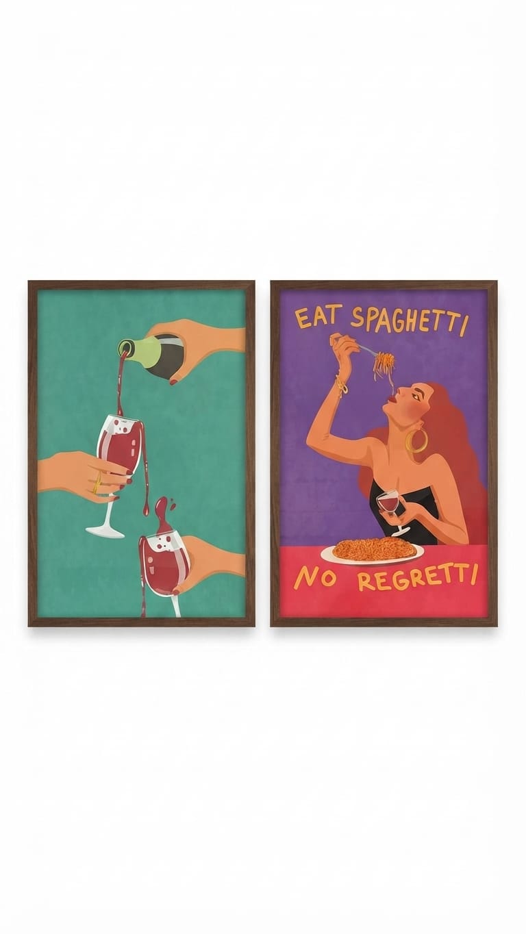 Set de 2 Cuadros  Vino y Pasta