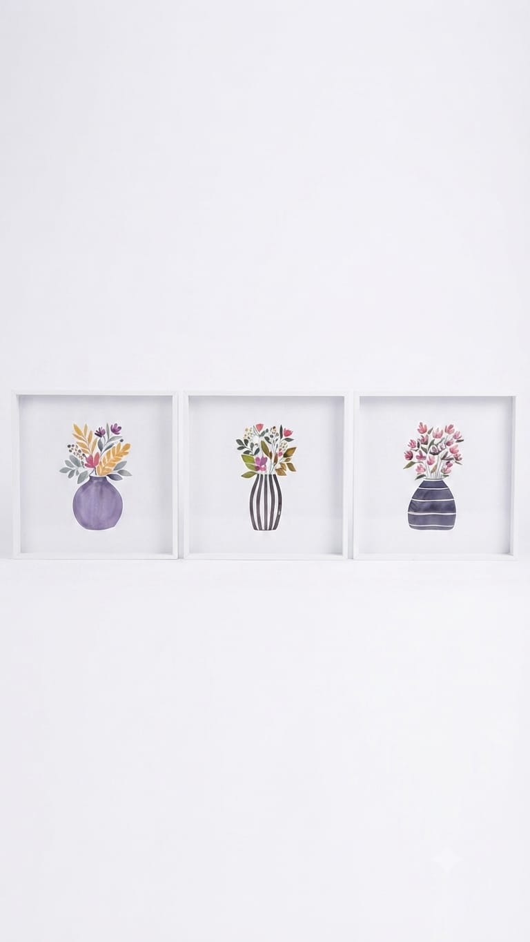 Set de 3 cuadros con Floreros Azules - decoración hogar rattan natural | Terraestilo Chile 1