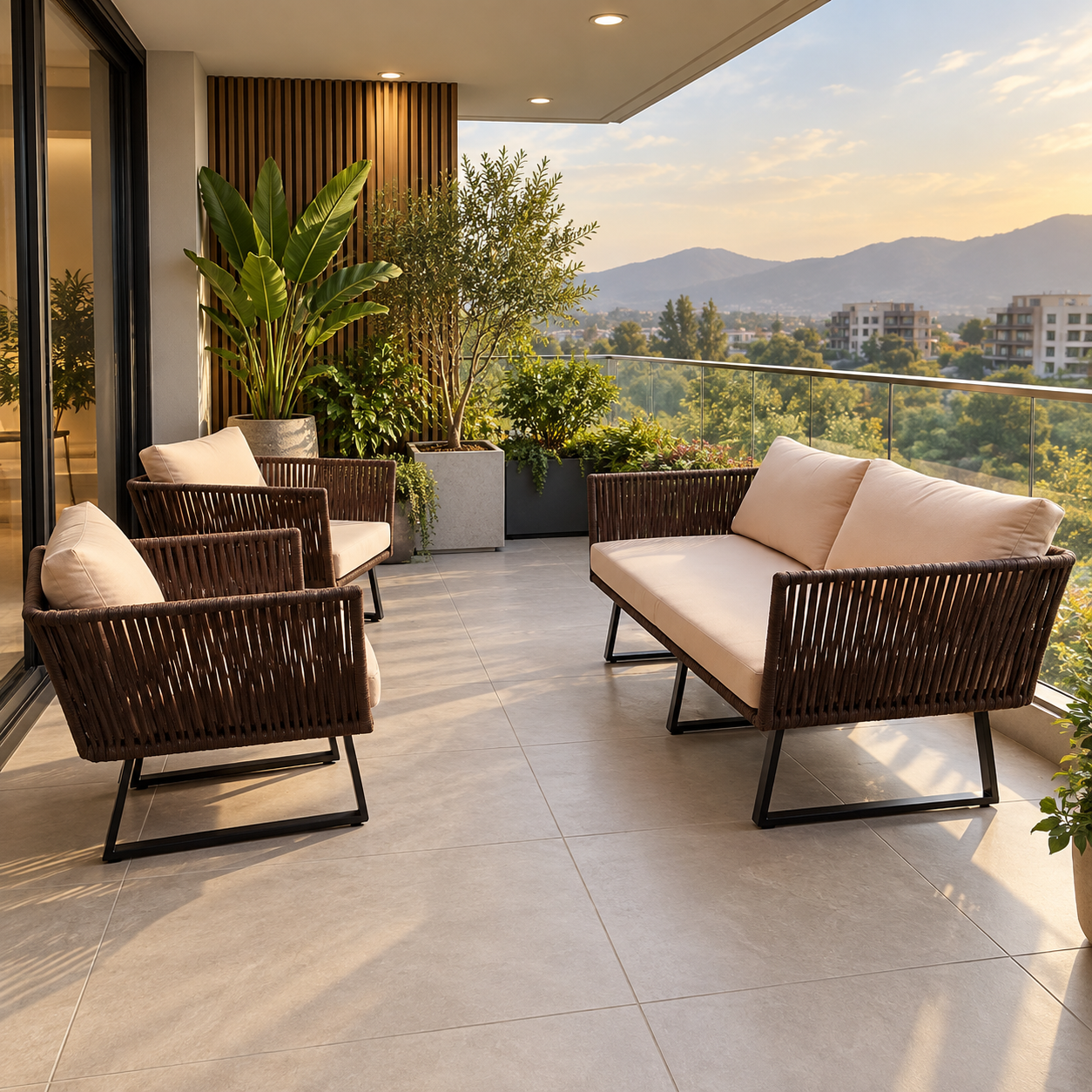 Terraza Pequeña 1 sillón de 2 Cuerpos y 2 Sitiales de 1 Cuerpo Cuerda Náutica